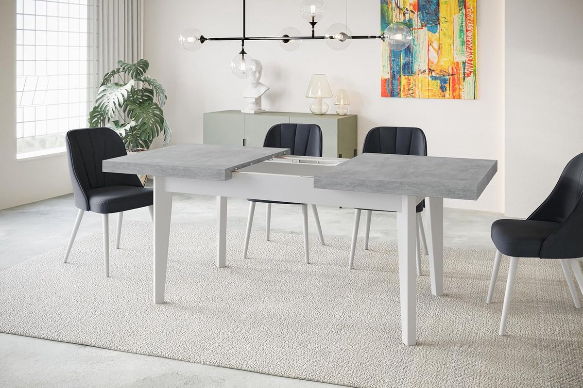 Uitschuifbare Rechthoekige Eettafel 120-160 x 80 x 78 cm – Atelier Houtlook Eetkamertafel met Witte Houten Poten – Moderne Scandinavische Design Tafel voor 4-6 Personen – Laura