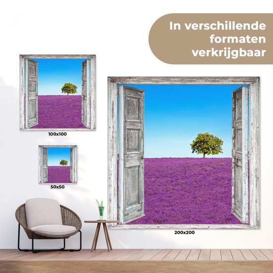 Affiche de jardin - Violet - Lavande - Arbre - Vue - Jardin - 100x100 cm - Décoration clôture - Peinture jardin - Tissu jardin