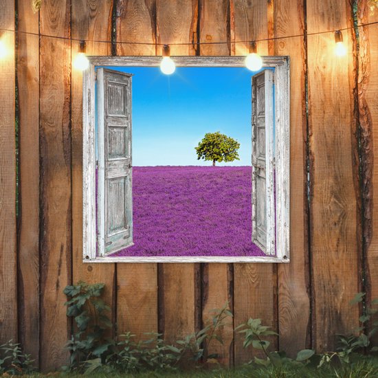 Affiche de jardin - Violet - Lavande - Arbre - Vue - Jardin - 100x100 cm - Décoration clôture - Peinture jardin - Tissu jardin