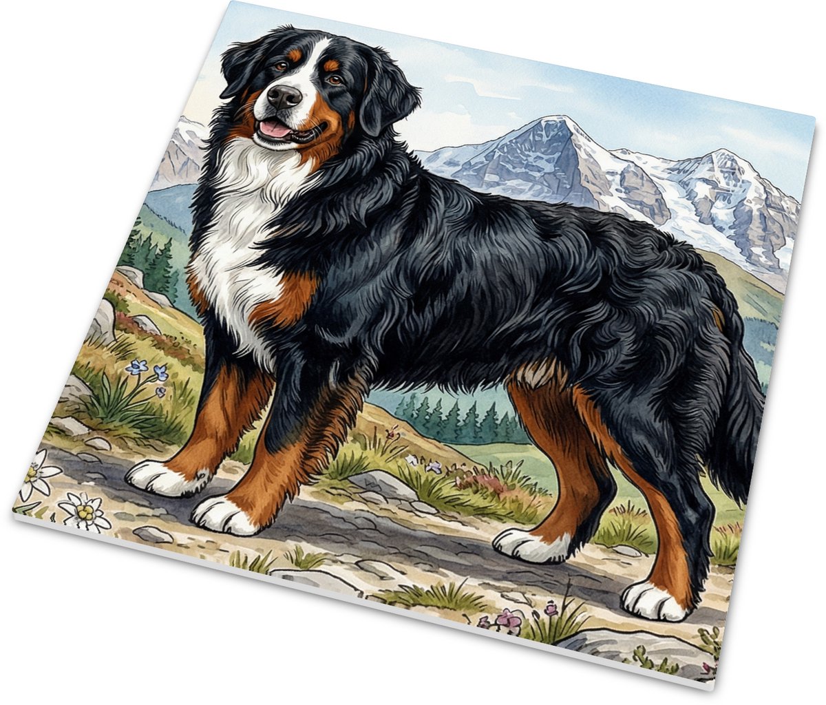 Glanzend wandtegeltje uit de Honden Serie met prachtige Berner sennenhond illustratie in d