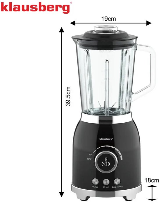 Klausberg - Blender - Smoothie Maker met LED Display - IJscrusher - Glazen Blender met 6 RVS Messen - Smoothie Blender met Timer - Keuken Blender 8 Snelheden - Crushed Ice Mixer - 1.5L - 600W - Zwart van Merkloos — afbeelding 3