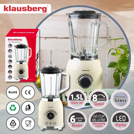 Klausberg - Blender - Smoothie Maker met LED Display - IJscrusher - Glazen Blender met 6 RVS Messen - Smoothie Blender met Timer - Keuken Blender 8 Snelheden - Crushed Ice Mixer - 1.5L - 600W - Crème van Merkloos — afbeelding 4