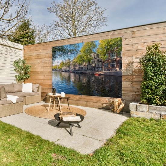 Tuinposter 180x120 cm - Tuindecoratie De Prinsengracht in het centrum van Amsterdam - Poster voor in de tuin - Buiten decoratie - Schutting tuinschilderij - Tuindoek muurdecoratie - Wanddecoratie balkondoek