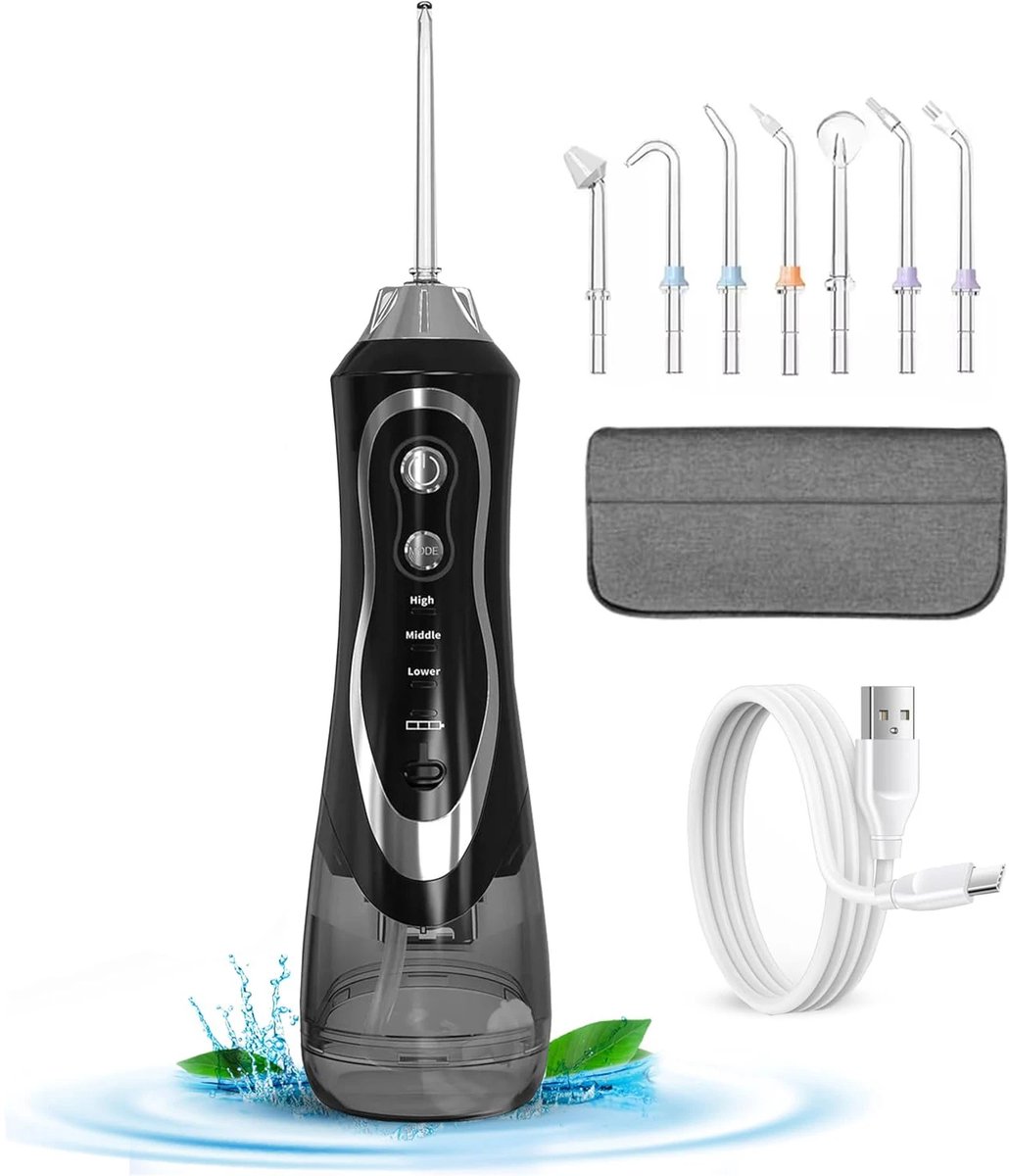 Monddouche waterflosser - draagbare mondirrigator met tongborstel - 7 nozzles - oplaadbaar - IPX7 waterdicht - 3 reinigingsstanden - zwart