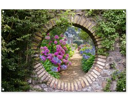 Tuinposter 120x80 cm - Tuindecoratie Doorkijk - Bloemen - Hortensia - Zomer - Poster voor in de tuin - Buiten decoratie - Schutting tuinschilderij - Tuindoek muurdecoratie - Wanddecoratie balkondoek