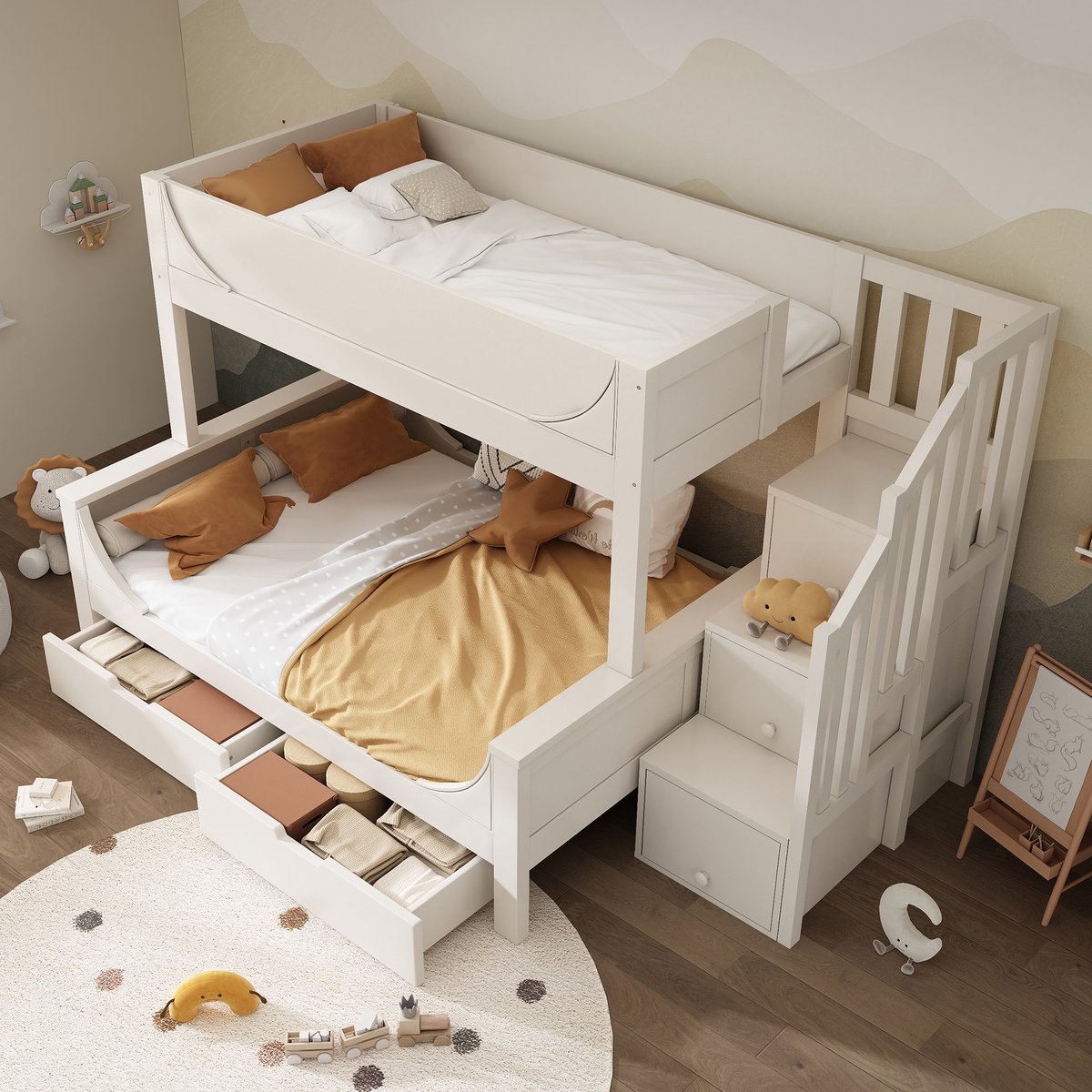 MODFU Stapelbed – 90x200 & 140x200 cm – Ladderkast & Opberglades – Landelijk – Hout – Wit
