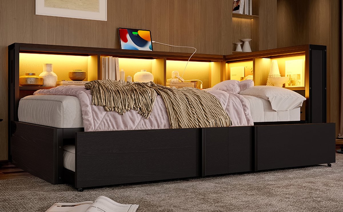 MODFU Bedbank met Uitschuifbed – 90x200 cm – 5 Opbergkasten & USB – LED – Metaal – Zwart