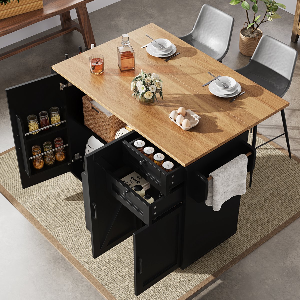 Keukeneiland - Modern - Met Opbergruimte En Snackrekken Houtlook Design - Hout - Zwart