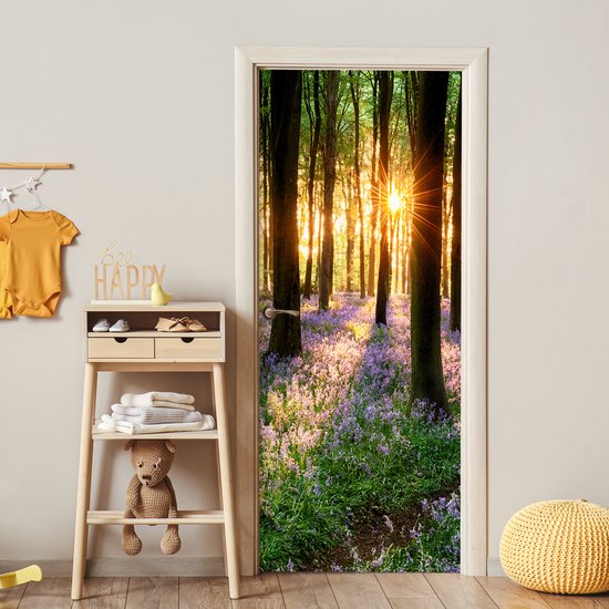 Sticker pour porte Forêt - Fleurs - Lavande - Soleil - Violet - Nature - 80x205 cm - Affiche de porte