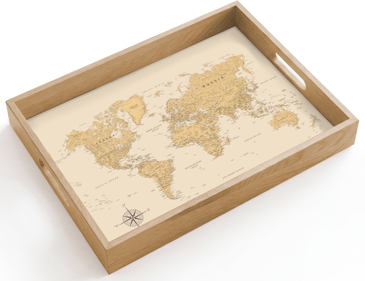 Dienblad hout 40x30 cm - Schootdienblad - Wereldkaart - Realistisch - Beige - Borrelplank rechthoek - Plateau dienbladen