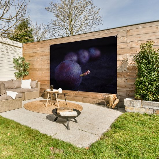 Mystérieuse photo de prunes violettes sur fond noir Affiche de jardin 180x120 cm - Toile de jardin / Toile d'extérieur / Peintures d'extérieur (décoration de jardin) XXL / Groot format!
