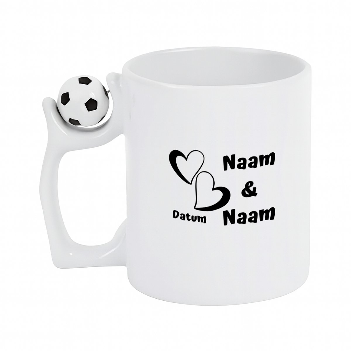 Hacebo® - zelf gepersonaliseerd hartjes met datum en eigen namen koffiebeker met voetbal wit - mensen die liefde willen delen naar iemand - thee mok - koffie beker - Valentijnsdag - cadeautje - verjaardagscadeau - koffiemok - 330 ML