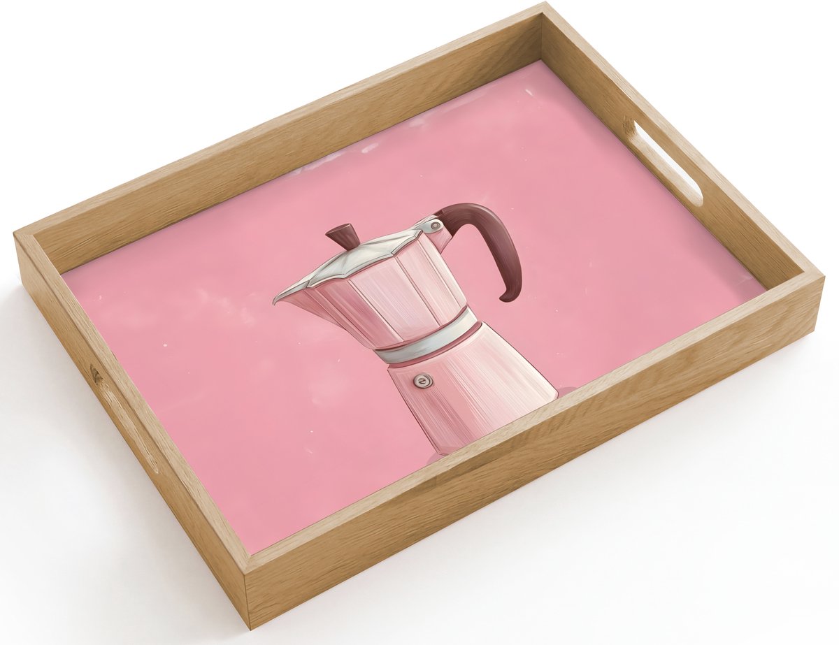 Dienblad hout 40x30 cm - Schootdienblad - Roze - Mokkapot - Illustratie - Koffie - Borrelplank rechthoek - Plateau dienbladen