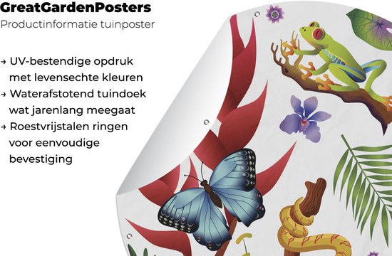 Tuincirkel Een illustratie van een roodoogmakikikker omringd door dieren - 60x60 cm - Ronde Tuinposter - Buiten