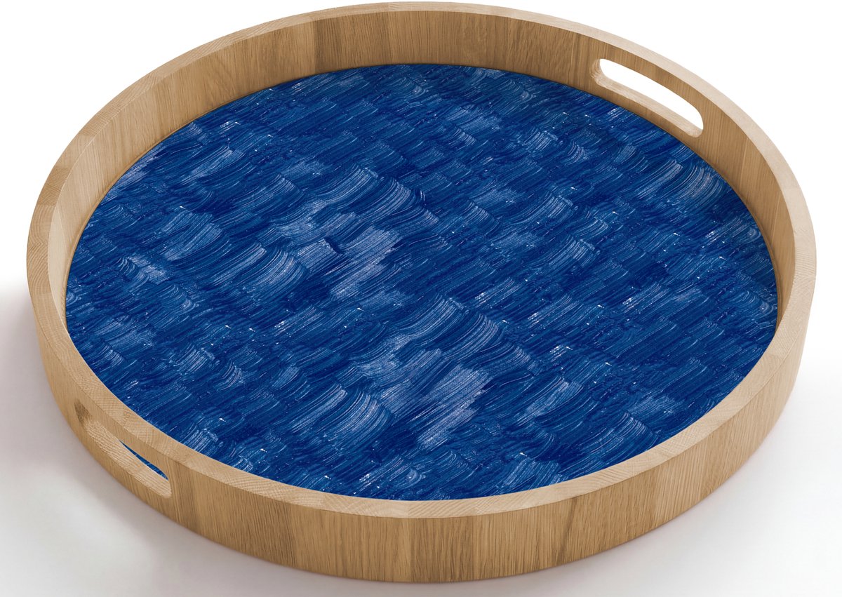 Dienblad rond 50x50 cm - Schootdienblad hout - Verf - Strepen - Blauw - Borrelplank rechthoek - Plateau houten dienbladen