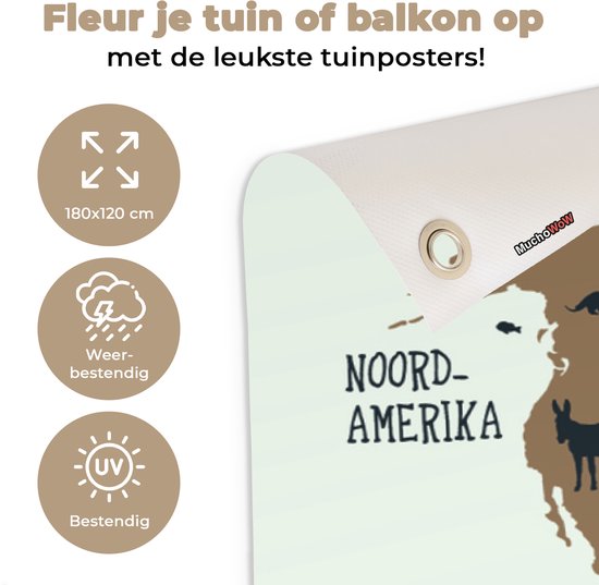 Carte du monde simple avec des animaux aux couleurs flexa Poster de jardin 180x120 cm XXL / Groot format!