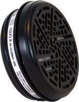 Zwart rond P3 stofdeeltjesfilter met gaasdetail, op witte achtergrond.