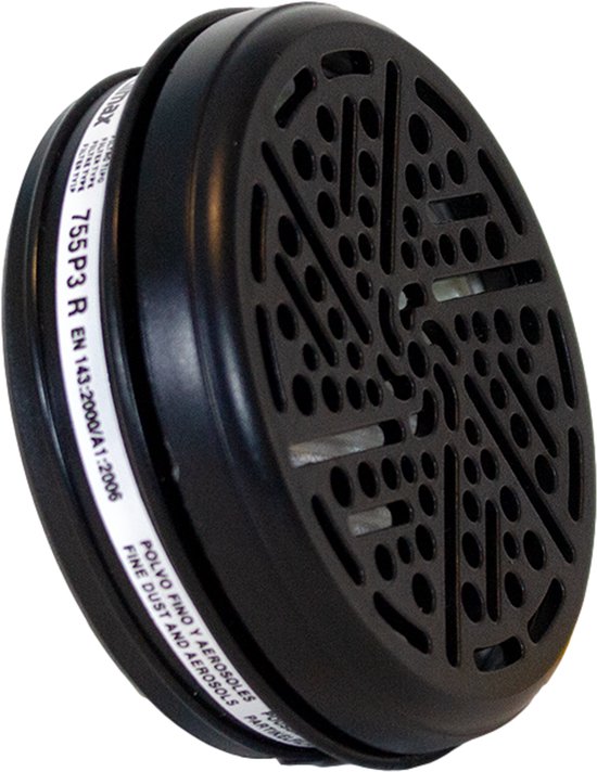 Zwart rond P3 stofdeeltjesfilter met gaasdetail, op witte achtergrond.