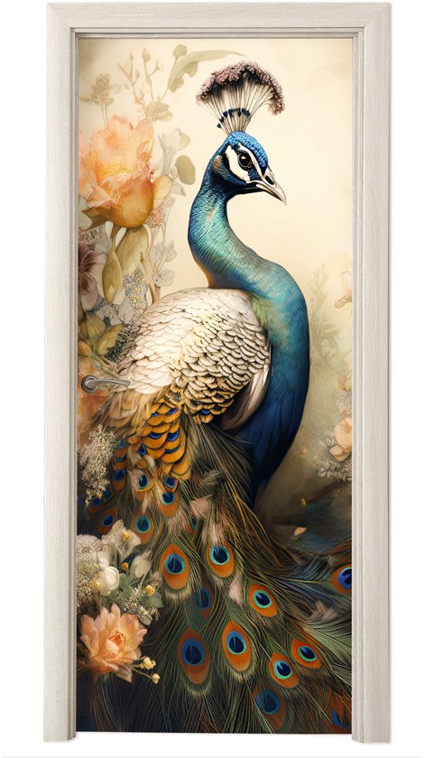 Deurposter 80x205 cm - Deursticker Pauw - Pauwenveren - Bloemen - Vogels - Botanisch - Meubelfolie zelfklevend - Deurfolie woonkamer - Interieurfolie fotobehang - Deur plakfolie - Deurstickers - Deurbehang sticker - Kamer decoratie