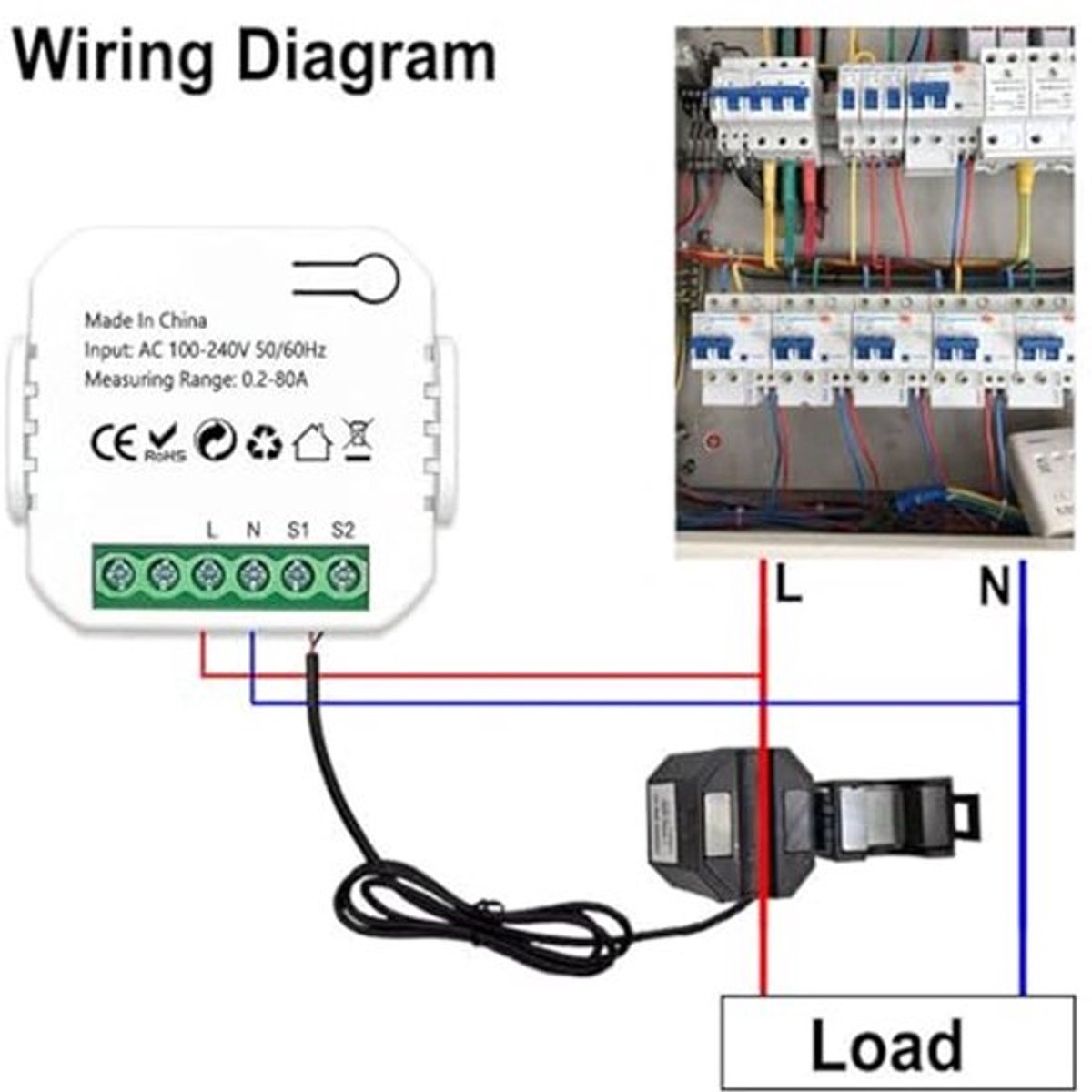 Slimme energiemeter, WiFi energiemonitor voor thuis met klem-sensor en APP-besturing, enkel-fase energiemeter real-time monitor voor elektriciteitsverbruik voltmeter voor slim