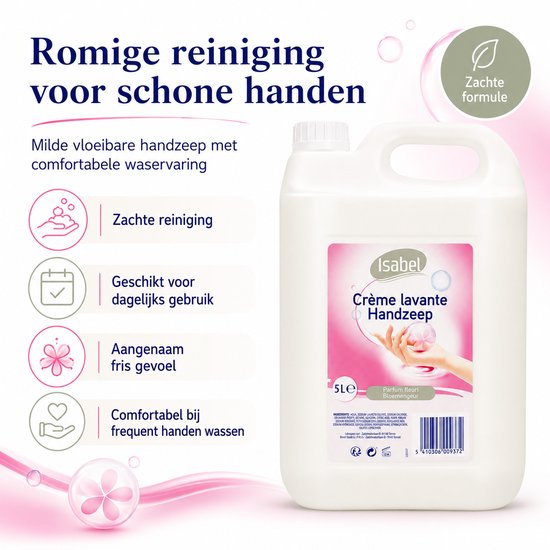 Isabel Crème lavante Handzeep 5L, milde vloeibare handzeep met comfortabele waservaring. Zachte reiniging, aangenaam fris gevoel.