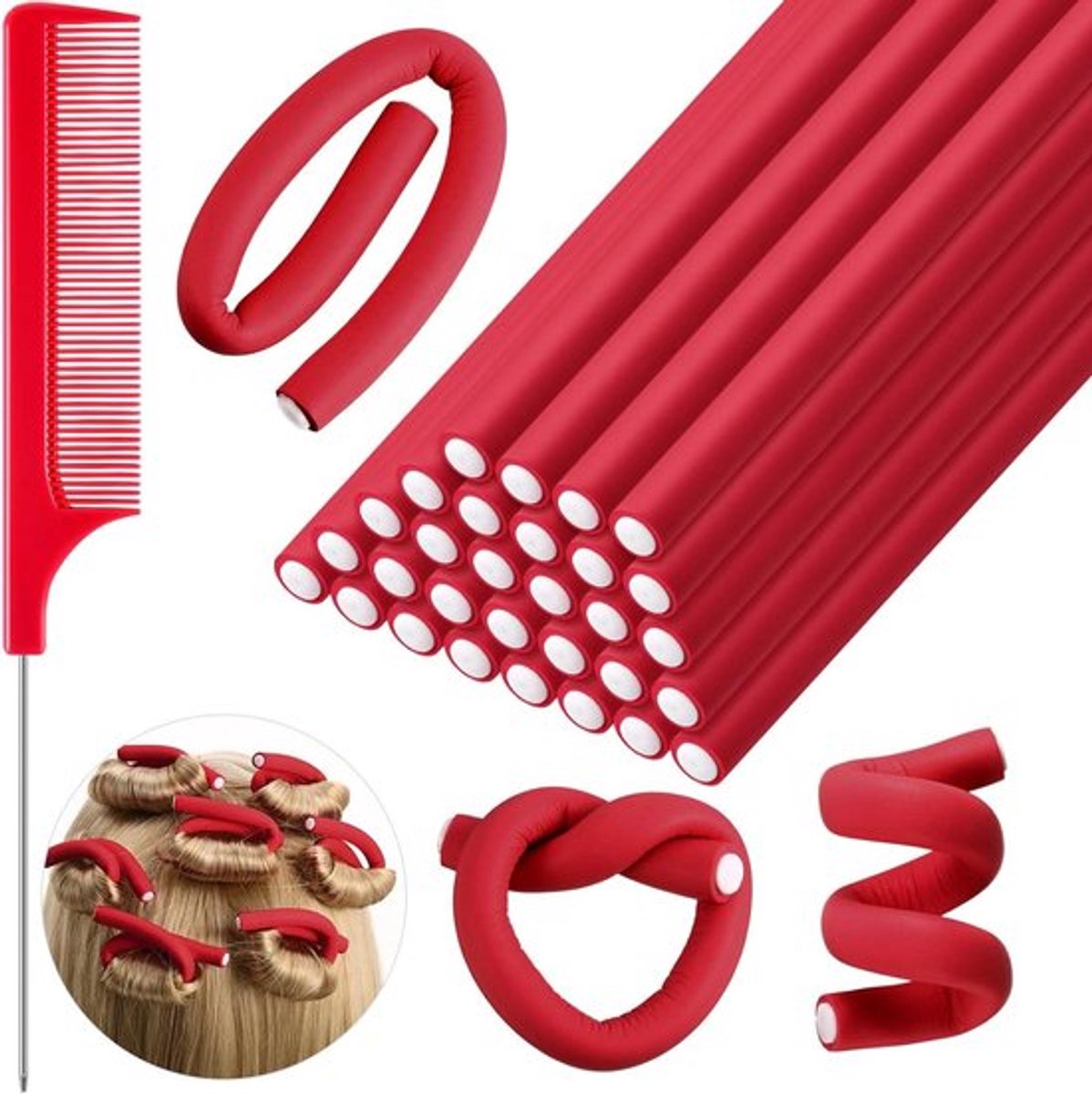 30 stuks flexibele krultang twist schuim krulspelden - Geen hitte - Lang en kort haar - Rood