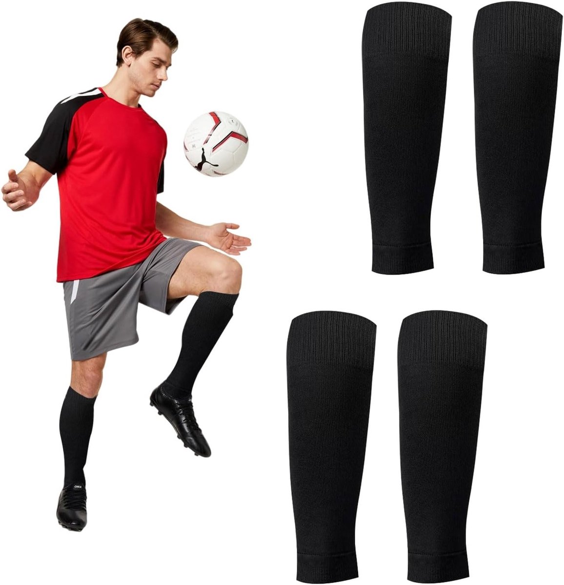Elastische Voetbalsokken Mouwen - 2 Pairs, Bescherming voor Schenen, Ideaal voor Training en Sportactiviteiten (Zwart)
