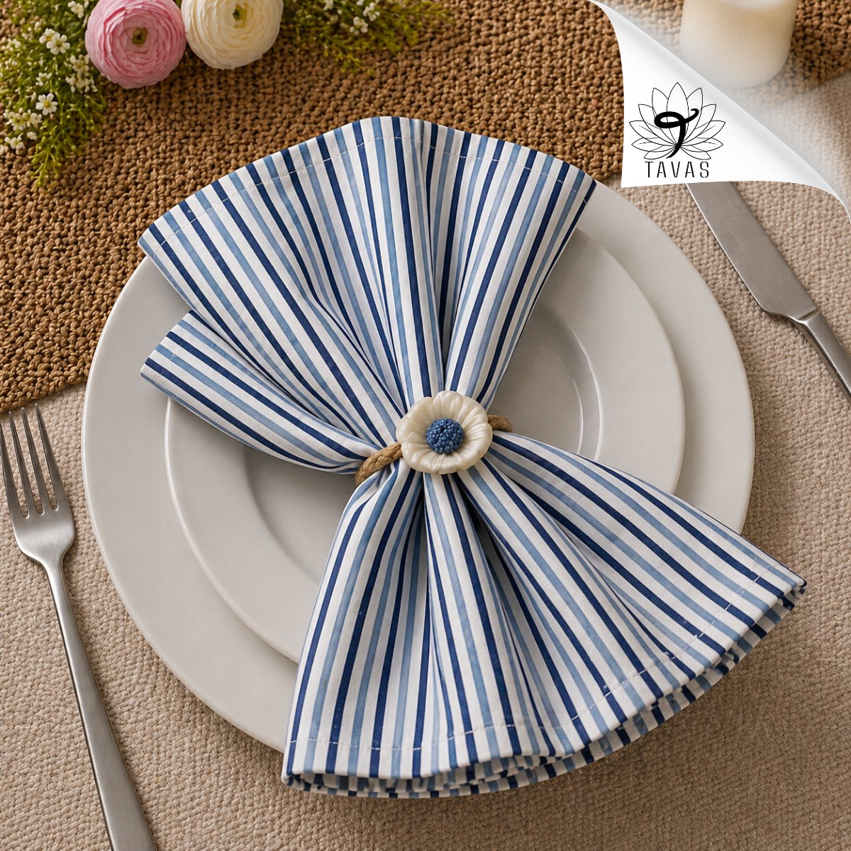Tavas Servetten - 30 x 30 cm - Set van 4 stuks - Blauw Gestreepte - Katoen — cadeau in Wonen & Interieur - foto 3