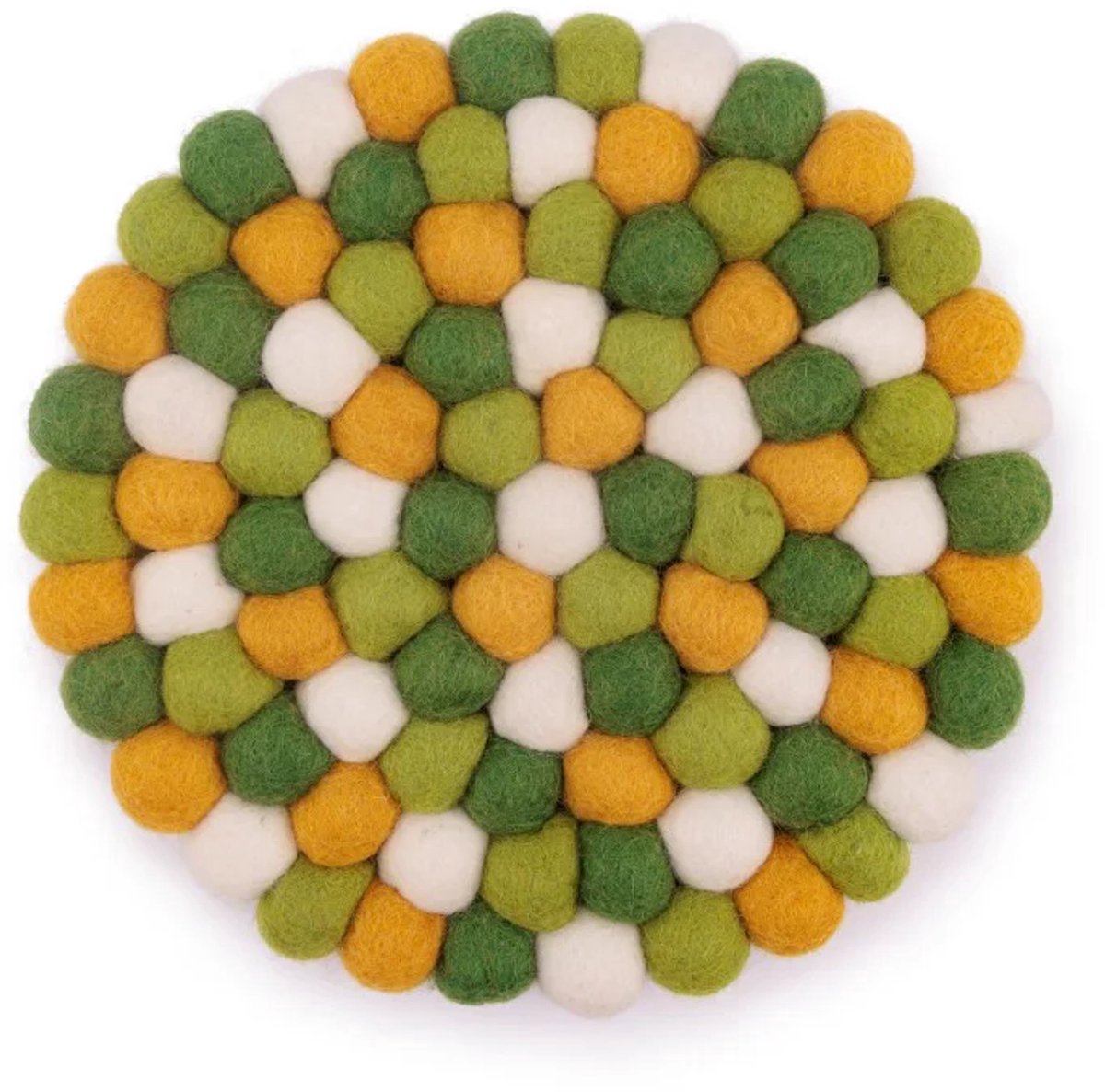 Onderzetter vilten bolletjes - rond 20 cm - groen-geel-wit
