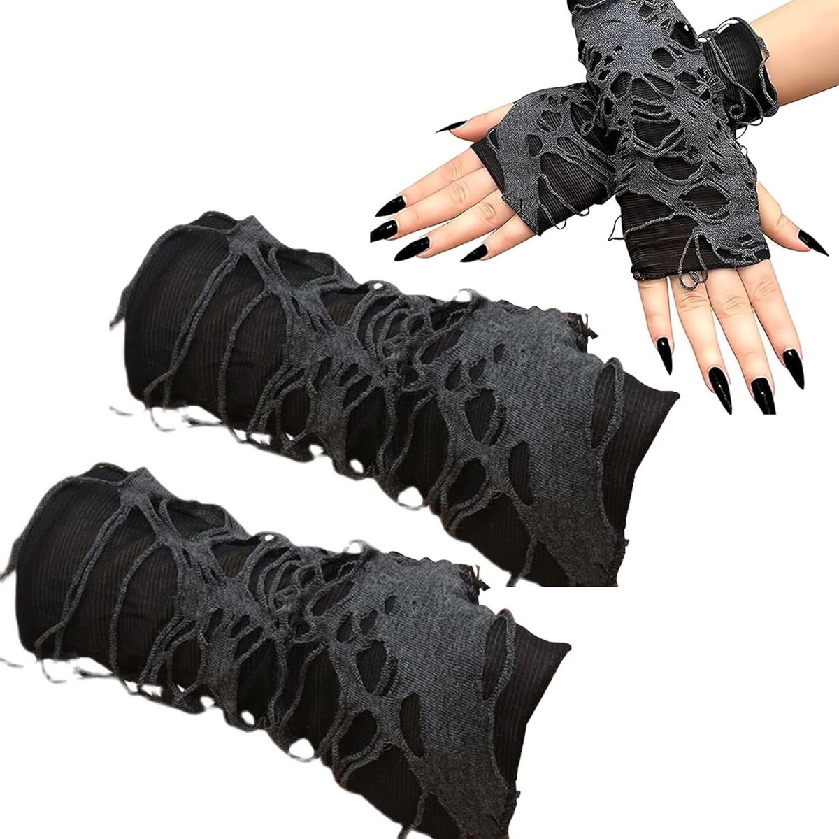 Punk handschoenen voor dames van kant, gescheurd ontwerp voor Halloween kostuum, carnaval en themafeesten