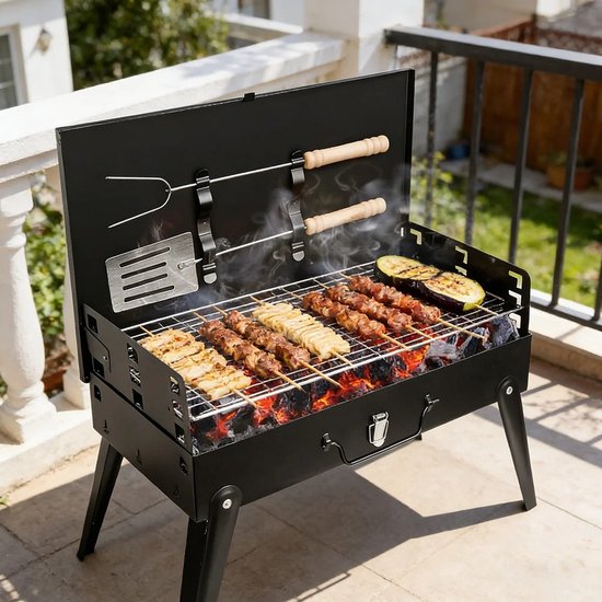 RosaBloom Opvouwbare Houtskool Barbecue - Draagbare Koffer BBQ - Compact Mini Grillrek met Gereedschapset - Zwart - 43x26,5cm — afbeelding 3