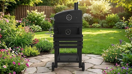 Houtskool Barbecue Grillwagen XXL - House&Garden Smoker BBQ met Deksel, Thermometer, Verstelbare Kolenbak, Rookfunctie, Dubbel Grillrooster, Zijtafel, Wielen & Aslade - Outdoor Tuinbarbecue 117x107x71 cm Zwart — afbeelding 4