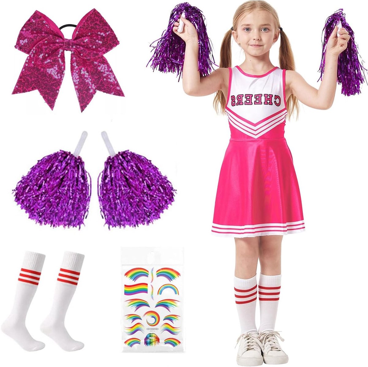 Cheerleader Kostuum voor Kinderen en Vrouwen, Compleet met Pompoms, Sokken en Bogen voor Carnaval en Halloween, Perfect voor Feestjes en Sportevenementen