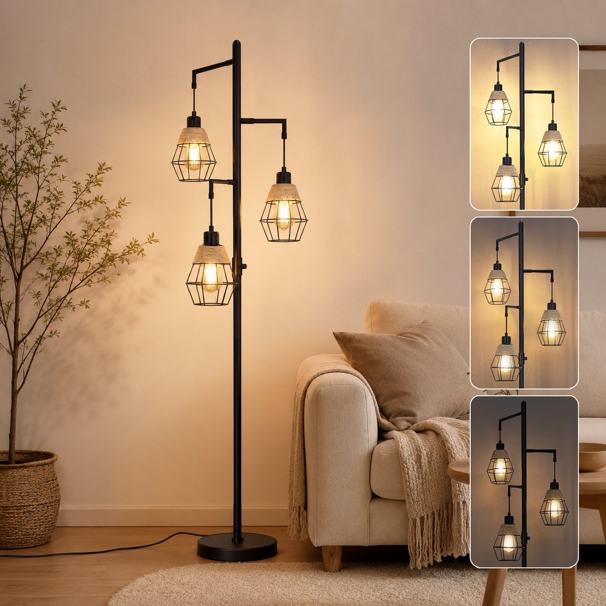 Rosnek Industriële Vloerlamp met 3-Lichts - Zwarte Staande Lamp - Vintage Metalen Leeslamp voor Woonkamer - Traploos Dimbaar - Lampadaire Industriel - Inclusief 3 LED Lampen