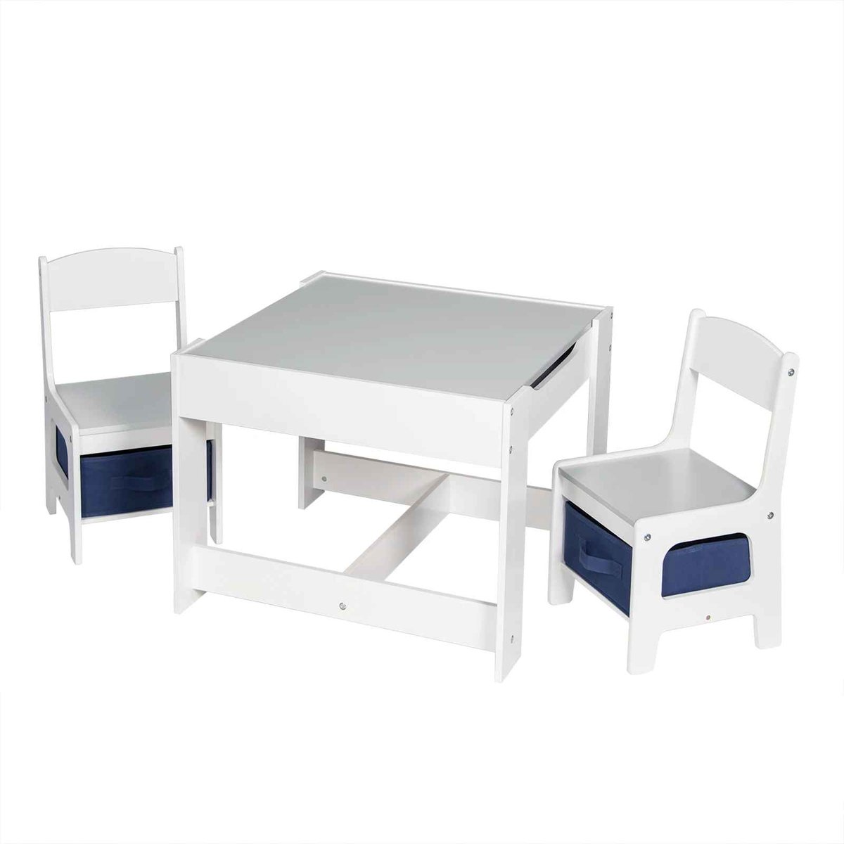 C. , R. E. CORE Kindertafel - Speeltafel met opslag - Set met 2 stoelen - Omkeerbaar tafelblad - Krijt tafelblad - 60x60x48cm en 30x28.5x52.5cm - MDF - Wit