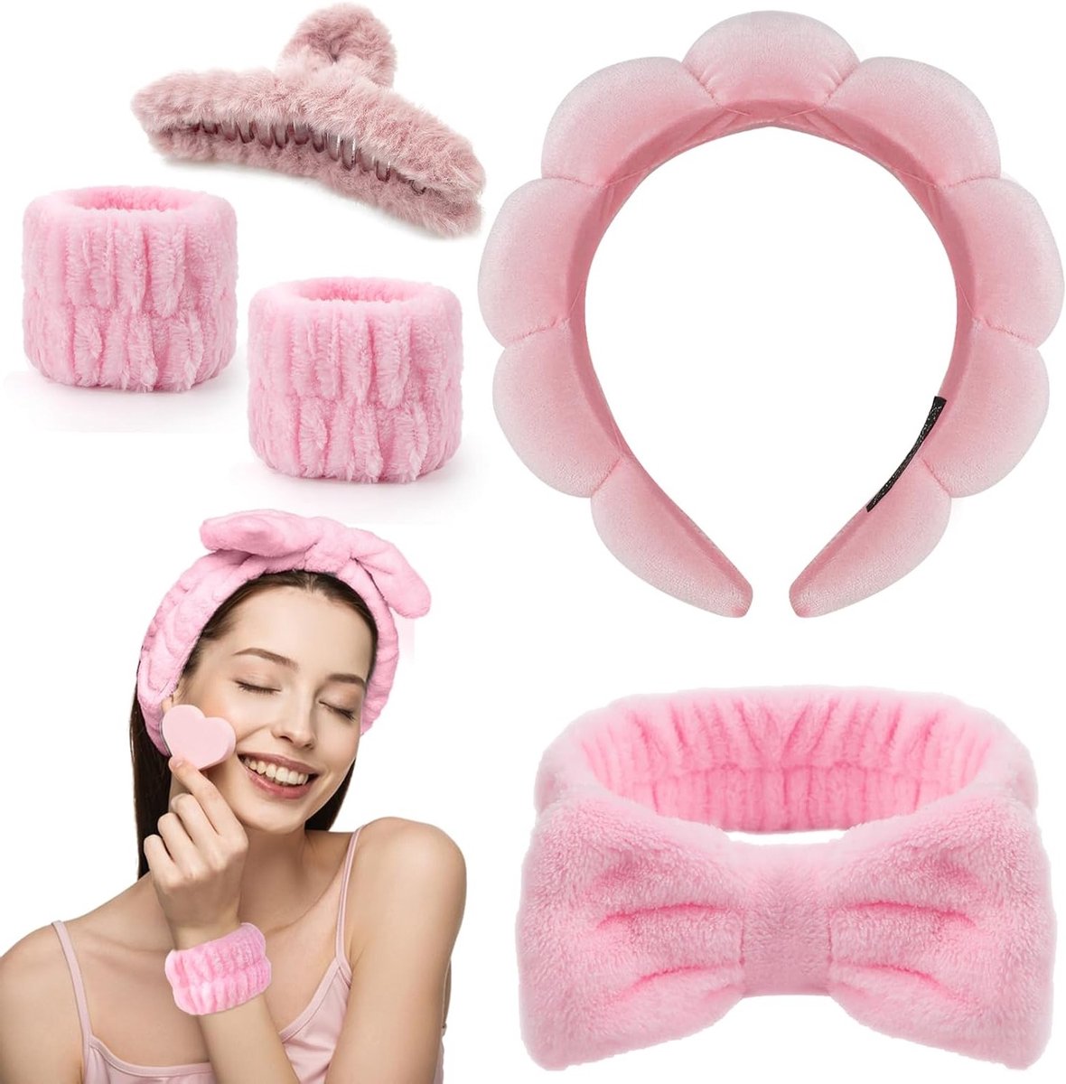 Cosmetische Set met 2 Polsbanden en 3 Pluche Haarclips voor Spa, Gezichtsreiniging en Yoga Oefeningen