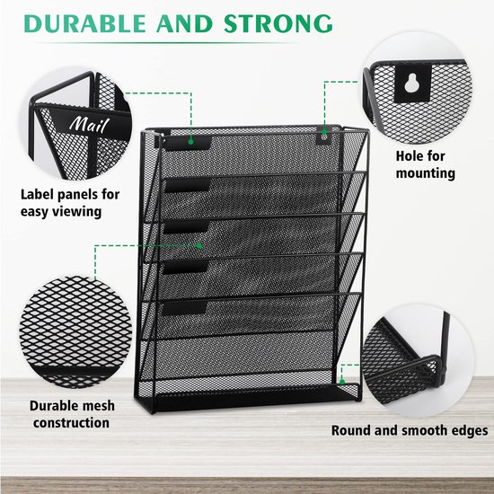 Zwarte metalen wanddocumenthouder met 6 vakken, met tekst 'Label panels for easy viewing', 'Hole for mounting', 'Durable mesh construction', 'Round and smooth edges'.