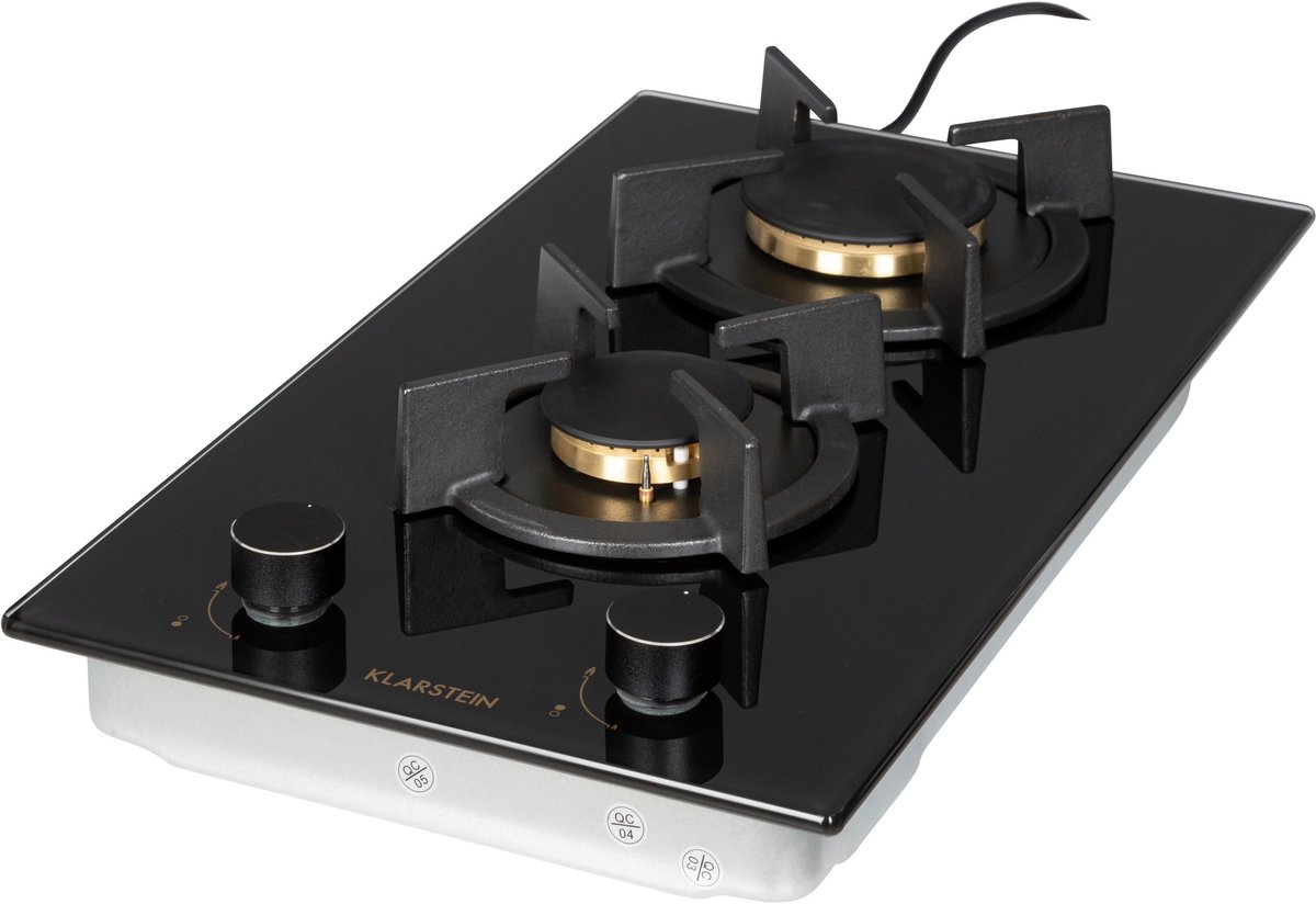 Klarstein Gaskookplaat Goldflame Domino 4200 W - 2 Pitten - Branders - glaskeramisch Oppervlak - Comfortabele Bediening Met Snap Jet-Ignition - Eenvoudige Reiniging - Energiebesparend - Alles Inclusief - Veilig En praktisch - Zwart