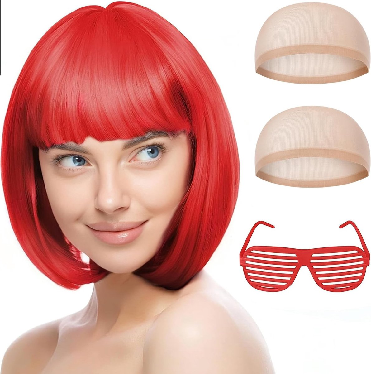 Korte Neon Bob Perucque met 2 Haarnetten - Perfect voor Cosplay, Feestjes en Halloween Decoraties