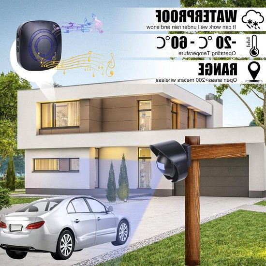Zwarte bewegingssensor met hoes op houten paal, met bel symbool en huis. Tekst toont waterdicht, temperatuur en bereik.