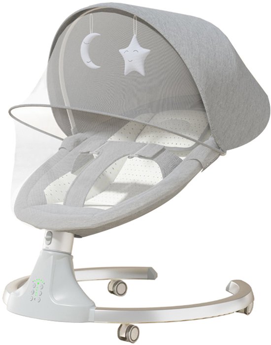 Grijze baby schommelstoel met muskietennet, verstelbare kap, speelgoed (maan, ster) en wielen.