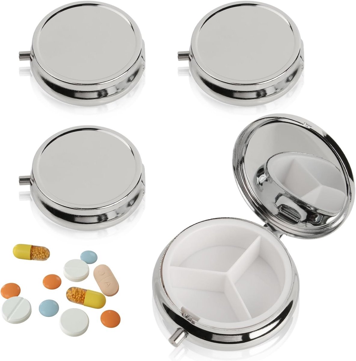 Set van 4 Kleine Pillendozen met Spiegel, Ideaal voor Reizen, Met 3 Compartimenten voor Medicijnen, Ronde Metalen Opbergdozen voor Portemonnee en Organisatie