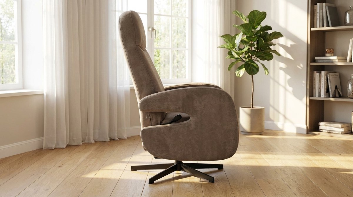 Relaxfauteuil Esbjerg Luxe Draaibare Relaxstoel met Voetsteun en Hoofdsteun 68x84x114 cm – Taupe Micro Suede – 360° Verstelbare Fauteuil Zwart Metaal – House&Garden