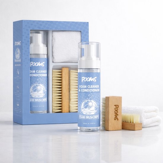 Pooms sneaker reinigingsset met 250ml schuimreiniger en accessoires. Inclusief doos, borstels en een doekje.
