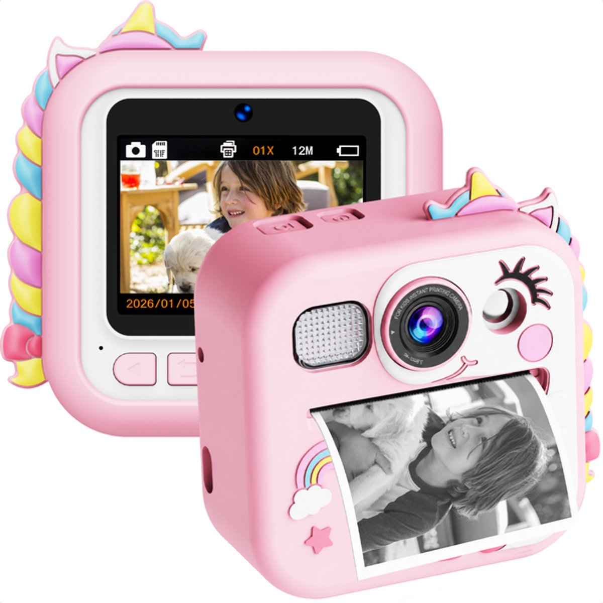 TinyPlay Kindercamera met foto printer - Siliconen Hoes - 48MP - Digitale Camera Kinderen - 32GB SD kaart - Full HD Foto en Video - Spelletjes - Fotoprinter - Kinder camera - Digitale kindercamera - Roze — afbeelding 2