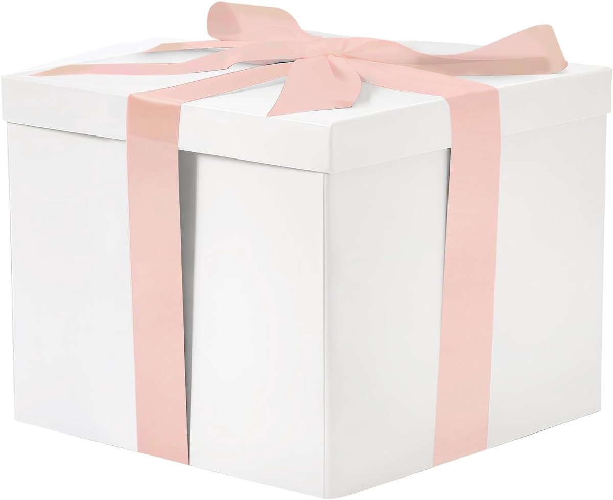 Luxe Cadeau Doos met Deksel en Strik, 23 x 23 x 18 cm, Vouwbare Witte Cadeauverpakking voor Verjaardag, Bruiloft, Kerst en Jubileum