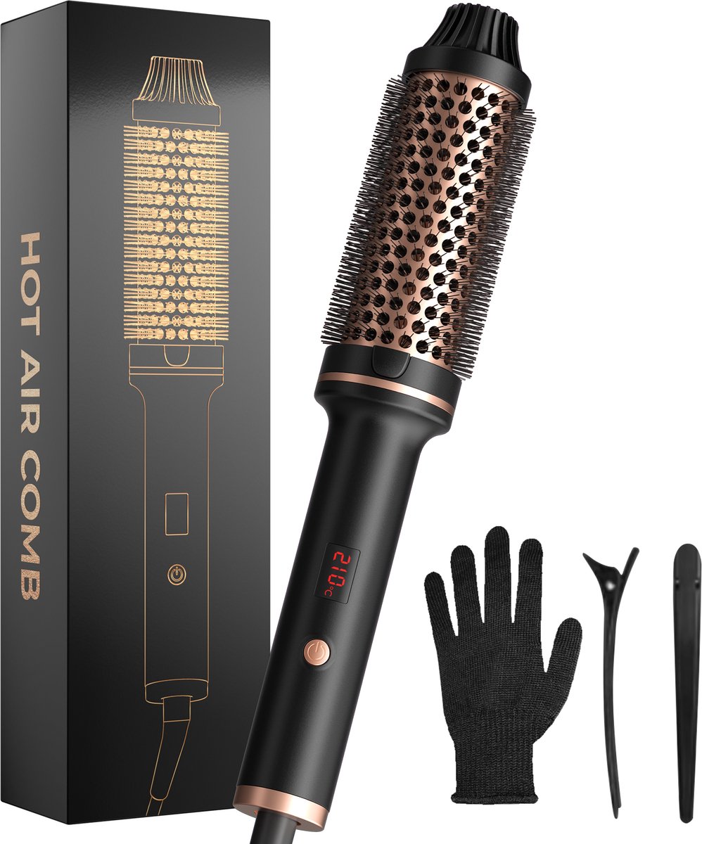 Thermal Brush 38mm Keramische Warmteborstel – Krulborstel & Stijlborstel 2-in-1 – Snelle PTC Verwarming – Föhnborstel Alternatief met Airflow Technologie – Volume, Glans & Pluisvrij Haar – Zwart/Goud