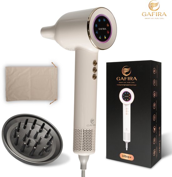 Witte Gafira Ultra+ föhn met display, diffuser, opbergzak en verpakking.