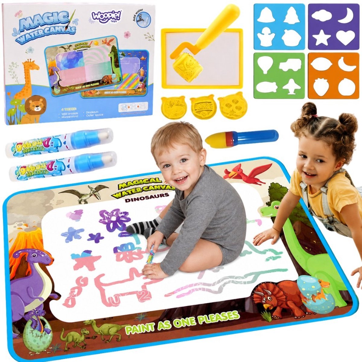 WOOPIE Magische Water tekenmat – Dinosaurus Thema – Aqua Magic Tekenen – Tekenbord Mat - 100x80 cm - Incl. Stempels, Sjablonen & Markers