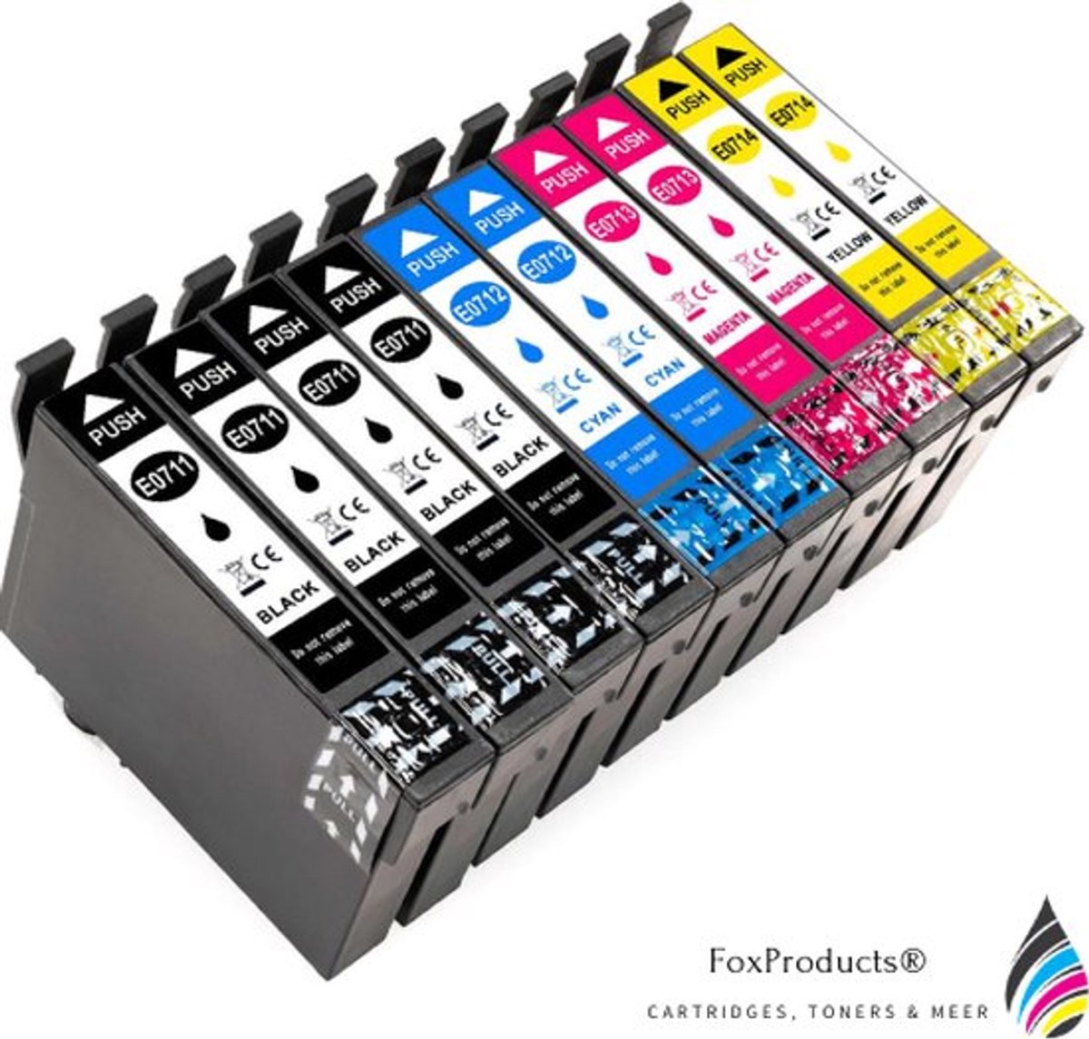 FoxProducts® T0711, T0712, T0713, T0714, T0715, 10 cartridges geschikt voor Epson, Stylus D120, S20, S21, SX100, SX105, SX110, SX115, SX200, SX205, SX210, SX215, SX218, SX400, SX405, SX410, SX415, SX510W, SX600FW, SX610, 0711, 0712, 0713, 0714, 0715